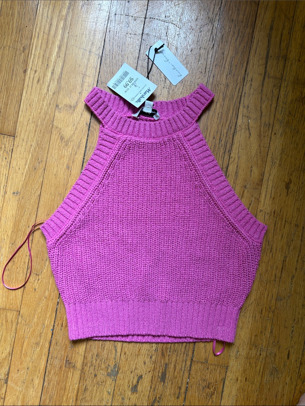 Open-Back Ribbed Halter Tank Top - Pink